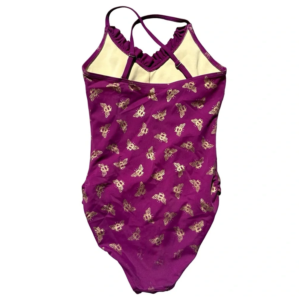 Lands End Kids Purple One Piece Swimsuit with Gold Embossed Bumble Bees Size 12